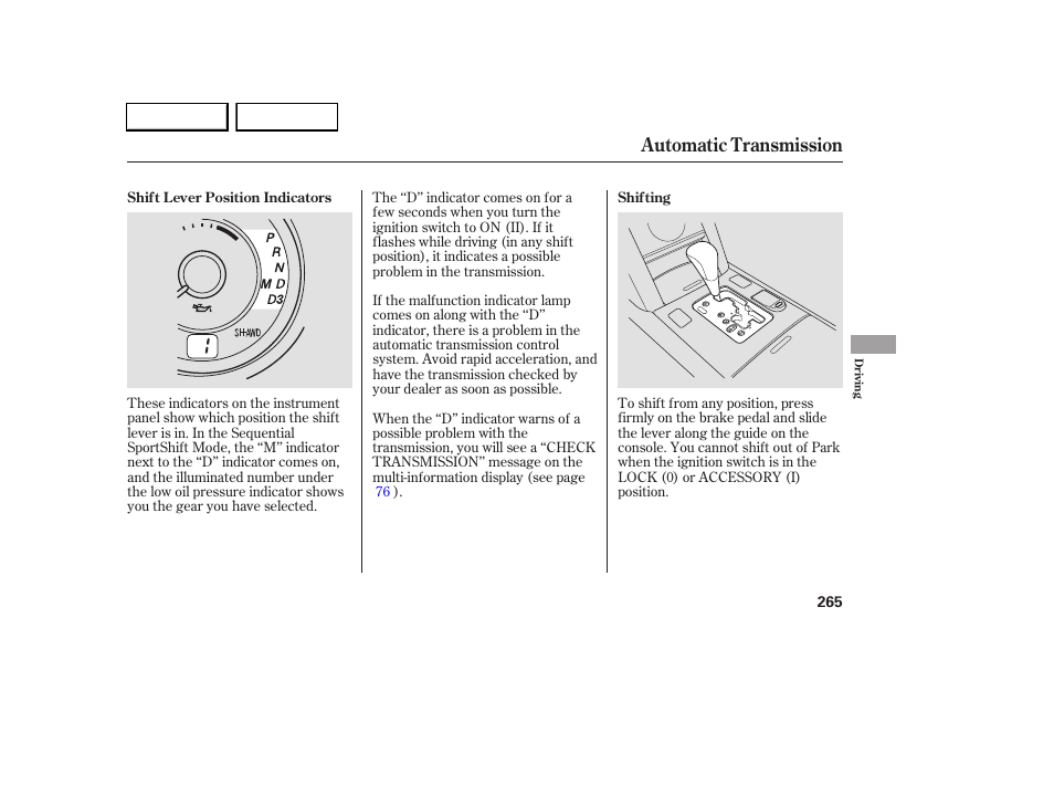 Automatic transmission | Acura 2005 RL - Owner's Manual User Manual | Page 266 / 394