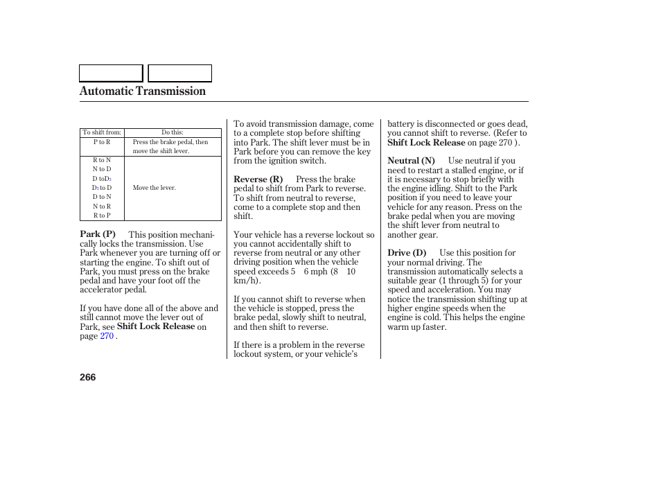 Automatic transmission | Acura 2005 RL - Owner's Manual User Manual | Page 267 / 394