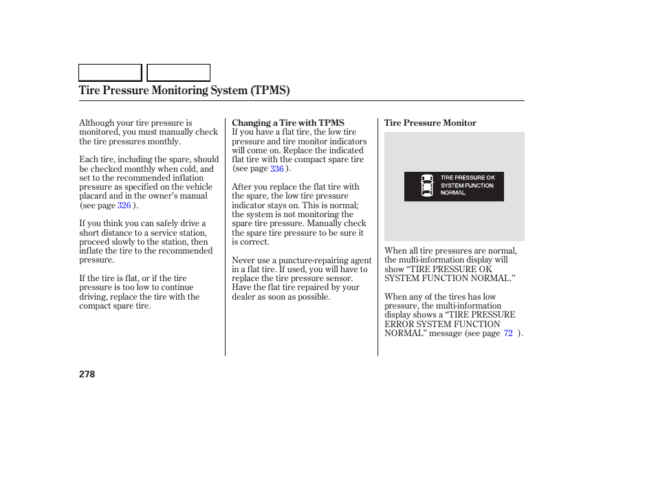 Tire pressure monitoring system (tpms) | Acura 2005 RL - Owner's Manual User Manual | Page 279 / 394