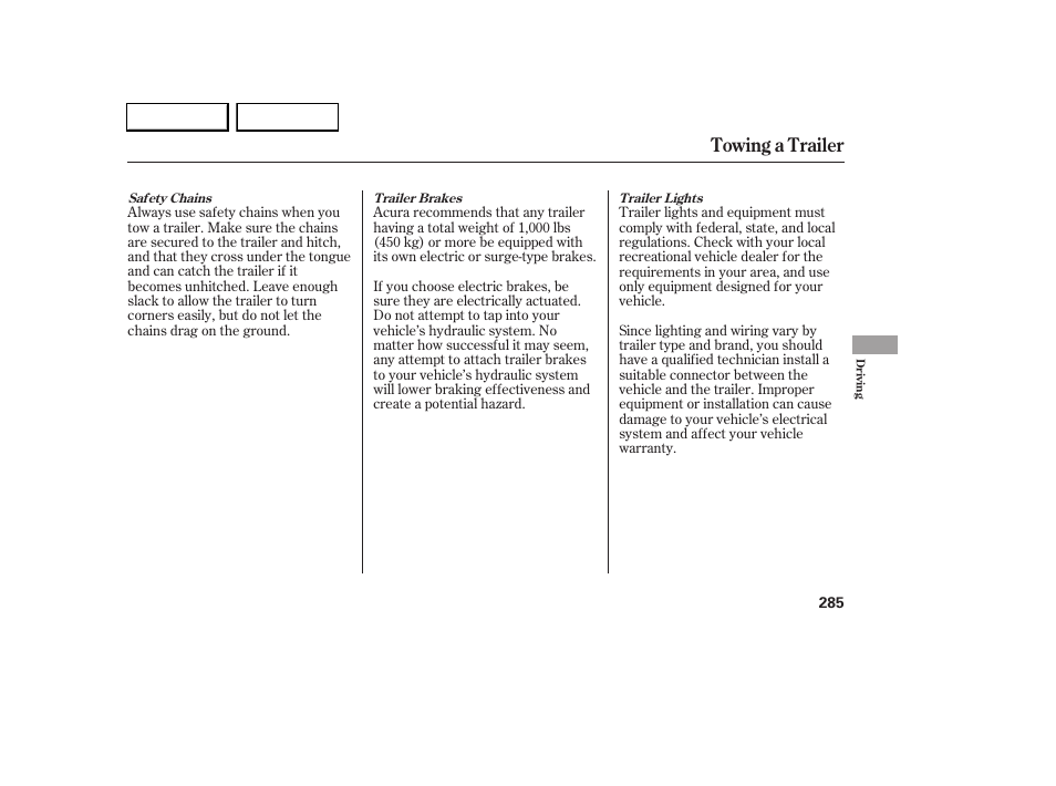 Towing a trailer | Acura 2005 RL - Owner's Manual User Manual | Page 286 / 394