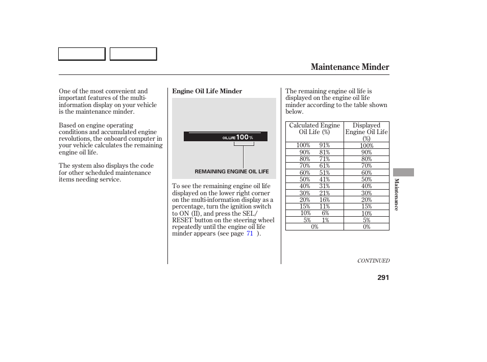 Maintenance minder | Acura 2005 RL - Owner's Manual User Manual | Page 292 / 394