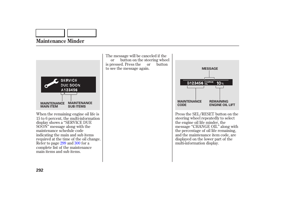 Maintenance minder | Acura 2005 RL - Owner's Manual User Manual | Page 293 / 394