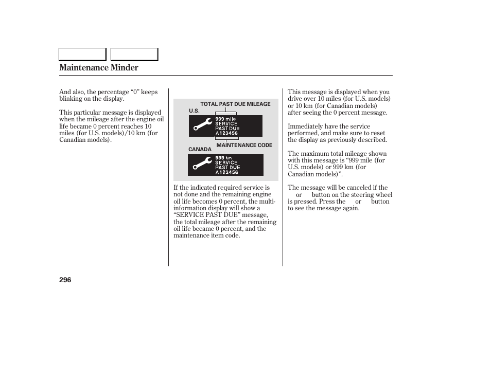 Maintenance minder | Acura 2005 RL - Owner's Manual User Manual | Page 297 / 394