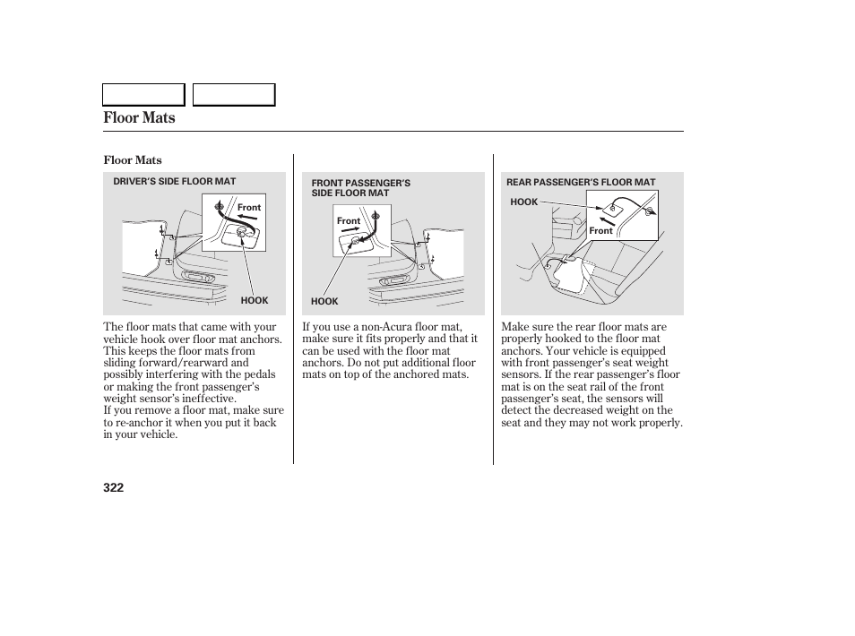 Floor mats | Acura 2005 RL - Owner's Manual User Manual | Page 323 / 394