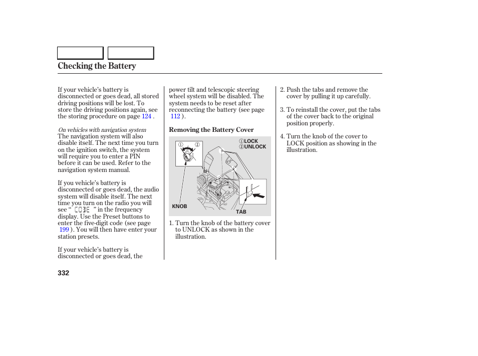 Checking the battery | Acura 2005 RL - Owner's Manual User Manual | Page 333 / 394