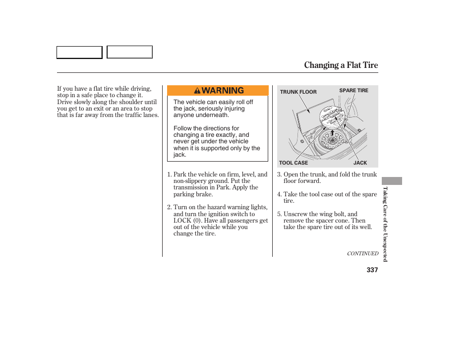 Changing a flat tire | Acura 2005 RL - Owner's Manual User Manual | Page 338 / 394
