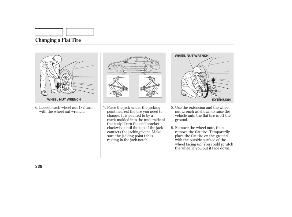 Changing a flat tire | Acura 2005 RL - Owner's Manual User Manual | Page 339 / 394
