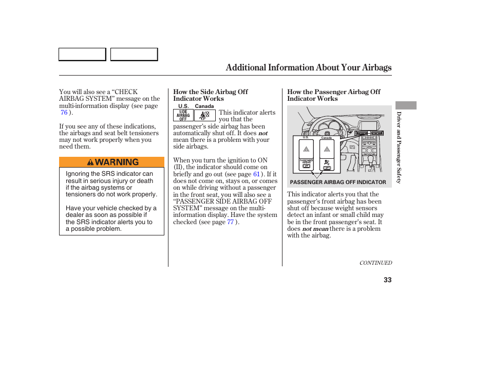 Additional information about your airbags | Acura 2005 RL - Owner's Manual User Manual | Page 34 / 394