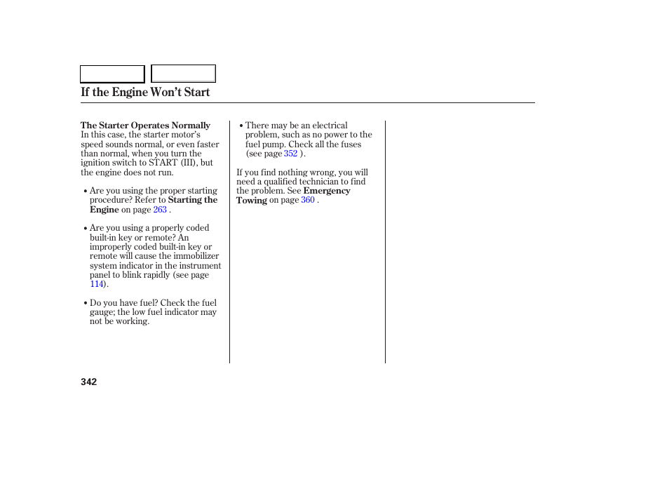 If the engine won’t start | Acura 2005 RL - Owner's Manual User Manual | Page 343 / 394