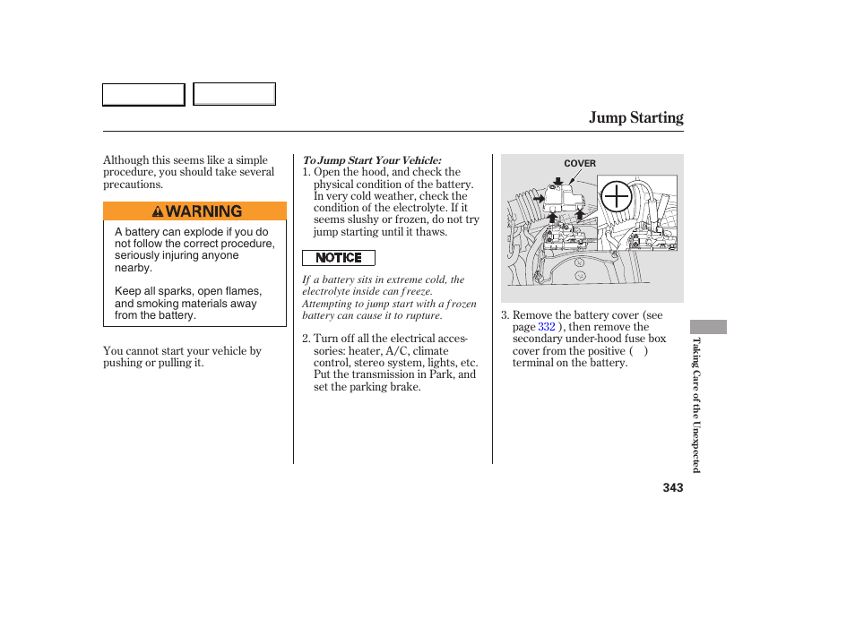 Jump starting | Acura 2005 RL - Owner's Manual User Manual | Page 344 / 394