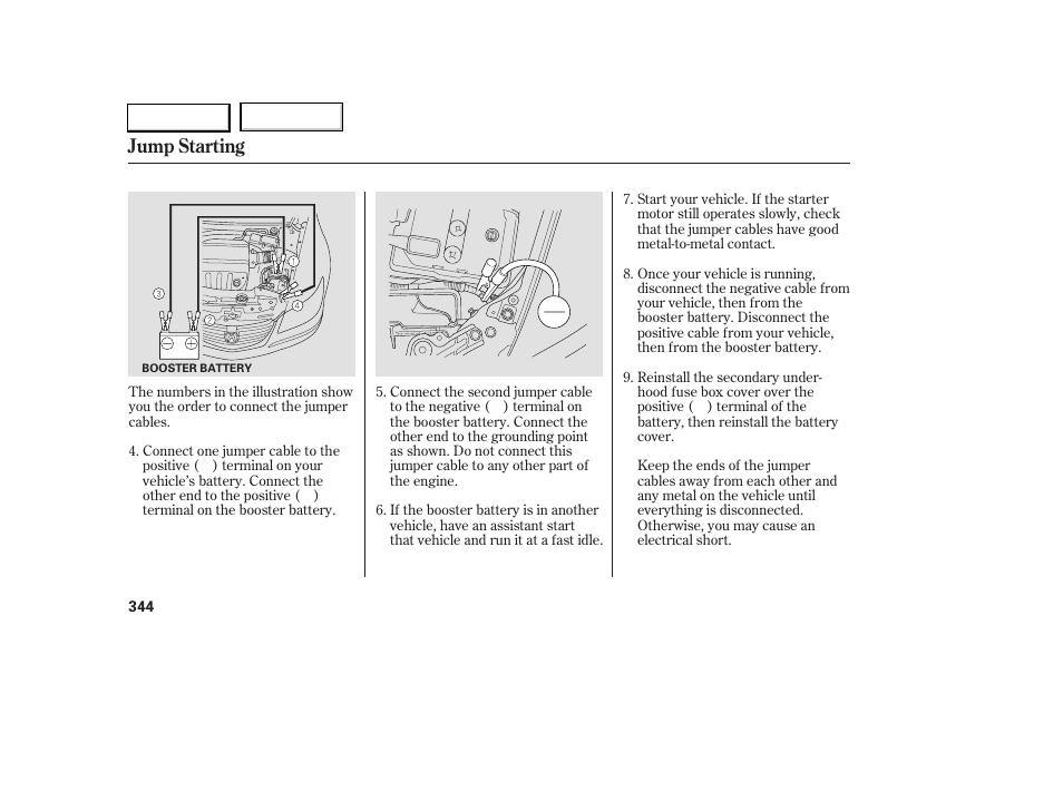 Jump starting | Acura 2005 RL - Owner's Manual User Manual | Page 345 / 394