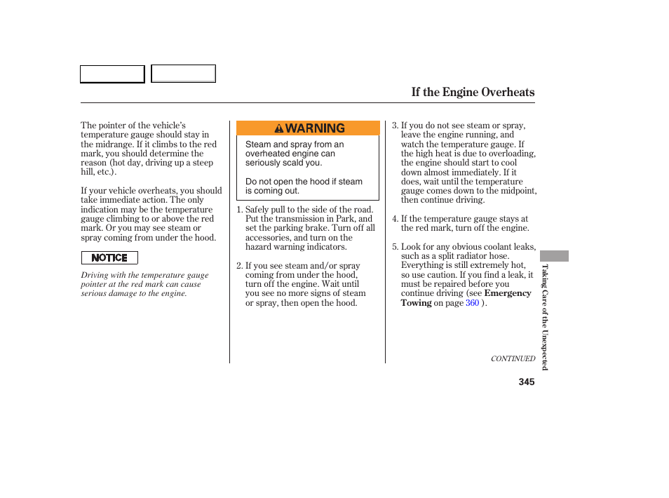 If the engine overheats | Acura 2005 RL - Owner's Manual User Manual | Page 346 / 394