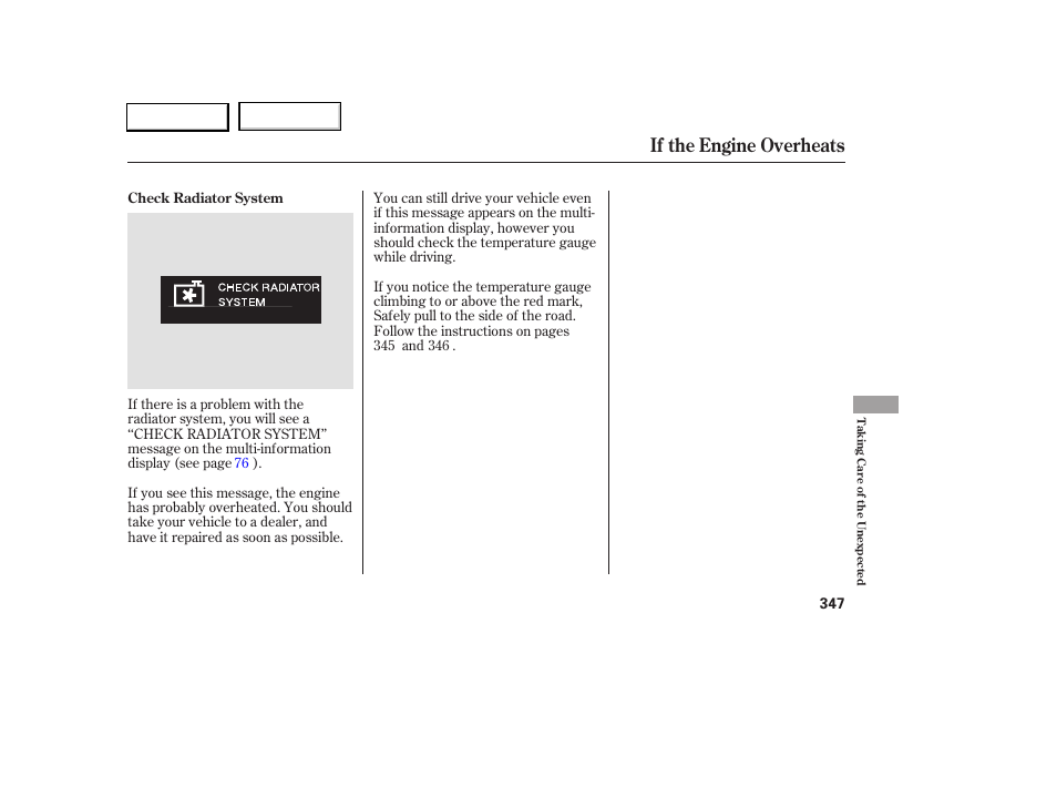 If the engine overheats | Acura 2005 RL - Owner's Manual User Manual | Page 348 / 394