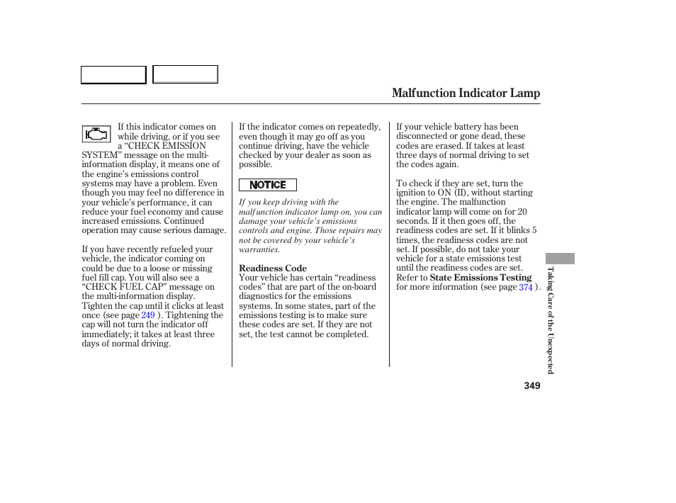 Malfunction indicator lamp | Acura 2005 RL - Owner's Manual User Manual | Page 350 / 394