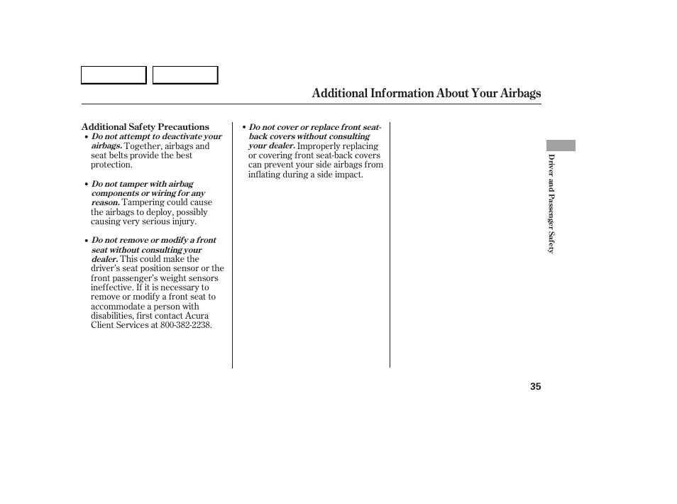 Additional information about your airbags | Acura 2005 RL - Owner's Manual User Manual | Page 36 / 394
