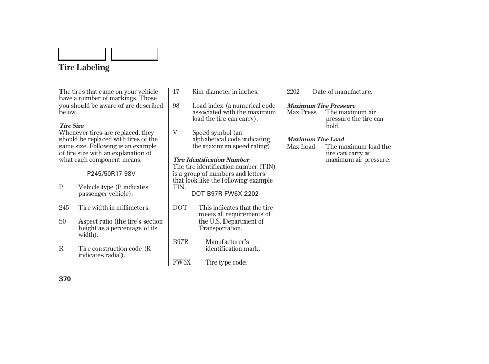 Tire labeling | Acura 2005 RL - Owner's Manual User Manual | Page 371 / 394