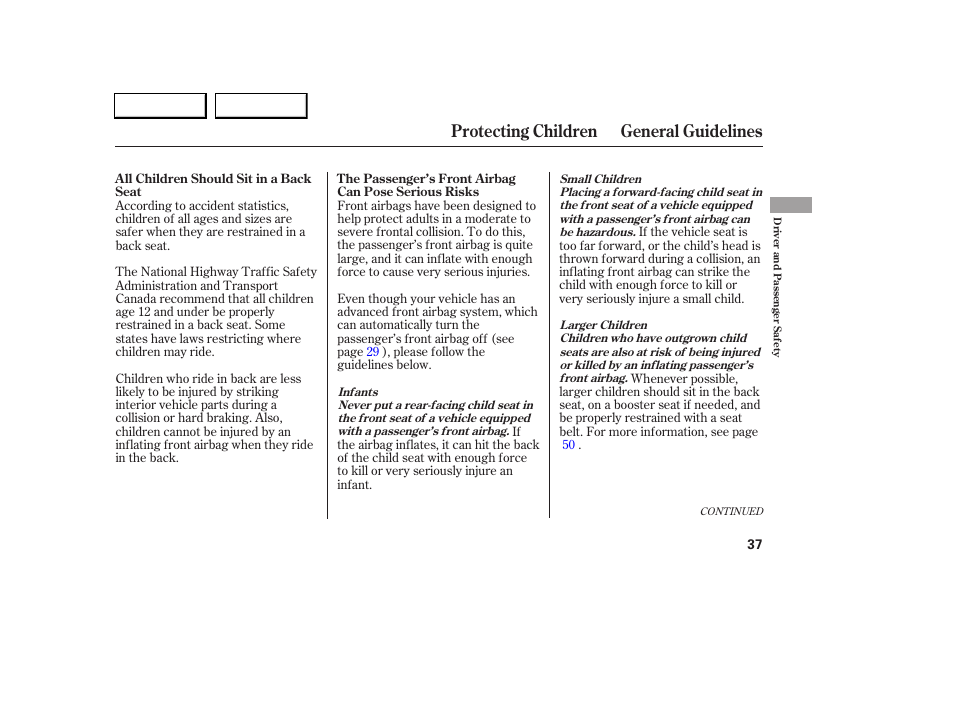 Protecting children general guidelines | Acura 2005 RL - Owner's Manual User Manual | Page 38 / 394