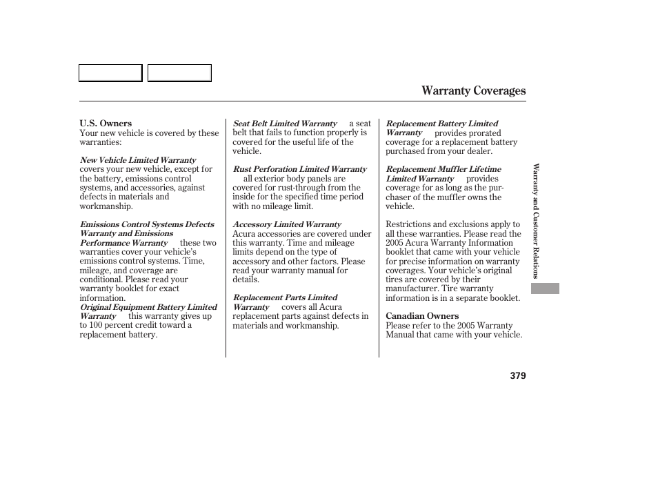 Warranty coverages | Acura 2005 RL - Owner's Manual User Manual | Page 380 / 394