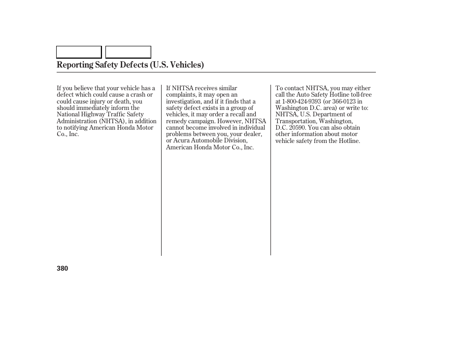Reporting safety defects (u.s. vehicles) | Acura 2005 RL - Owner's Manual User Manual | Page 381 / 394