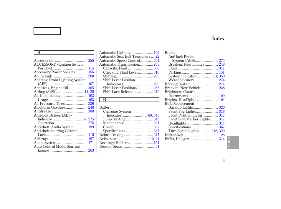 Index | Acura 2005 RL - Owner's Manual User Manual | Page 384 / 394