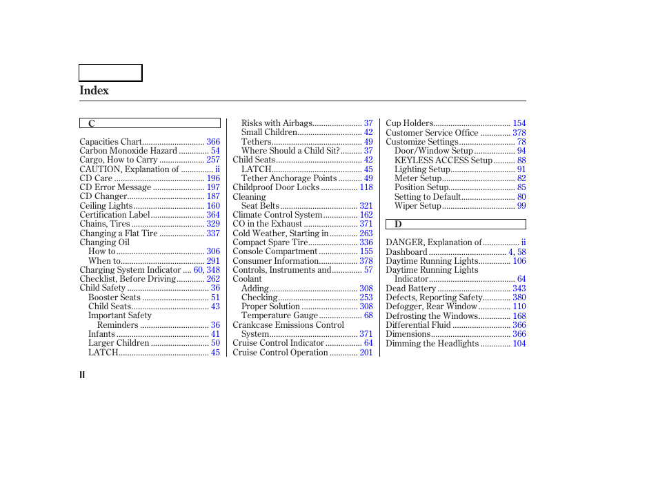Index | Acura 2005 RL - Owner's Manual User Manual | Page 385 / 394