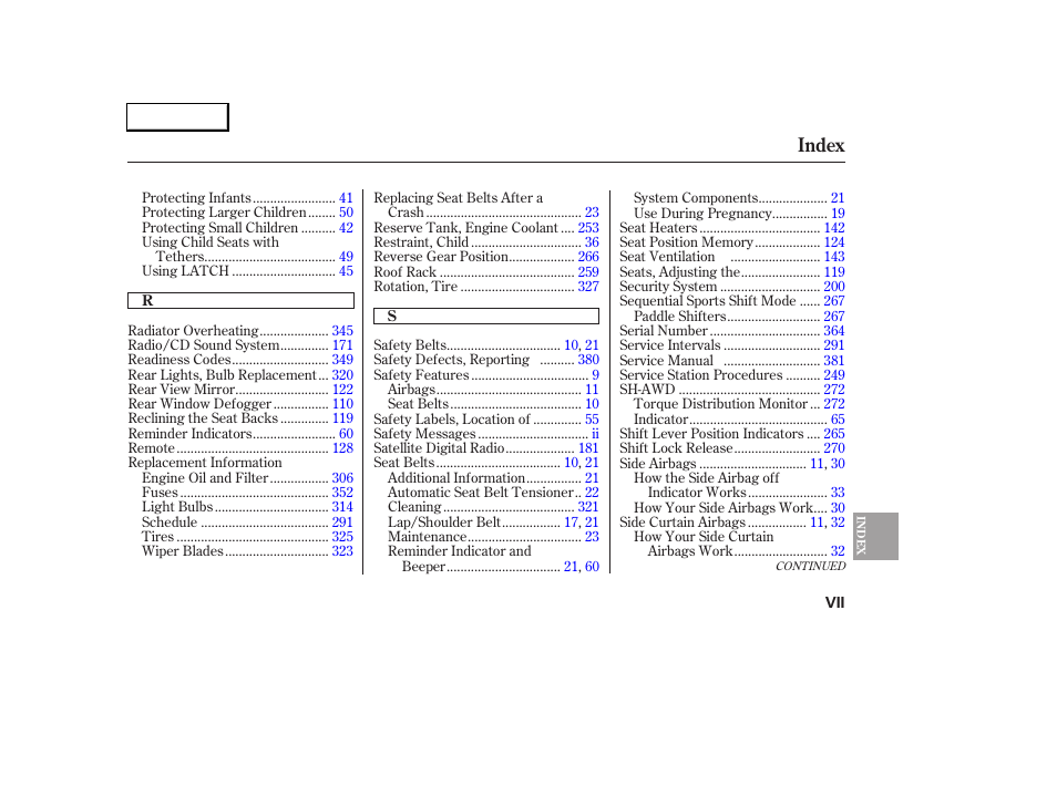 Index | Acura 2005 RL - Owner's Manual User Manual | Page 390 / 394