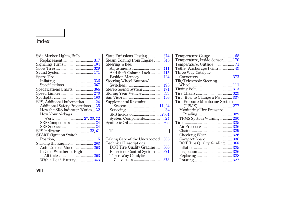 Index | Acura 2005 RL - Owner's Manual User Manual | Page 391 / 394