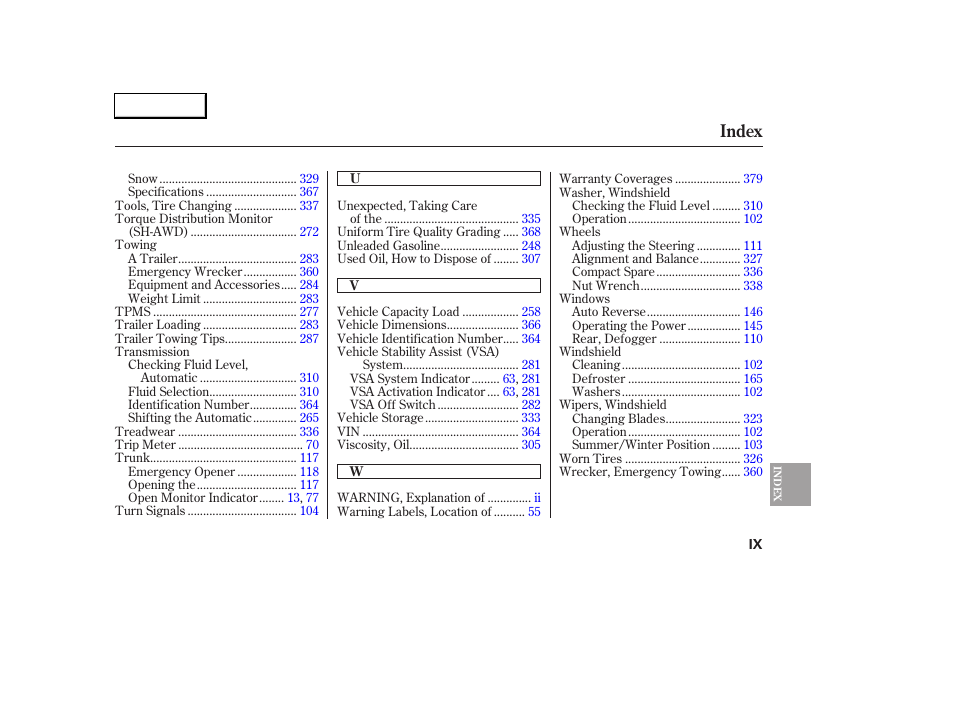 Index | Acura 2005 RL - Owner's Manual User Manual | Page 392 / 394