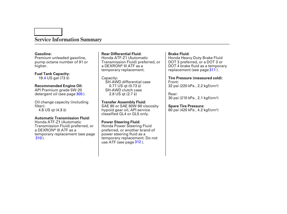 Service information summary | Acura 2005 RL - Owner's Manual User Manual | Page 394 / 394