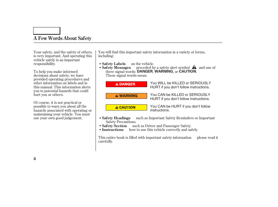 A few words about safety | Acura 2005 RL - Owner's Manual User Manual | Page 4 / 394