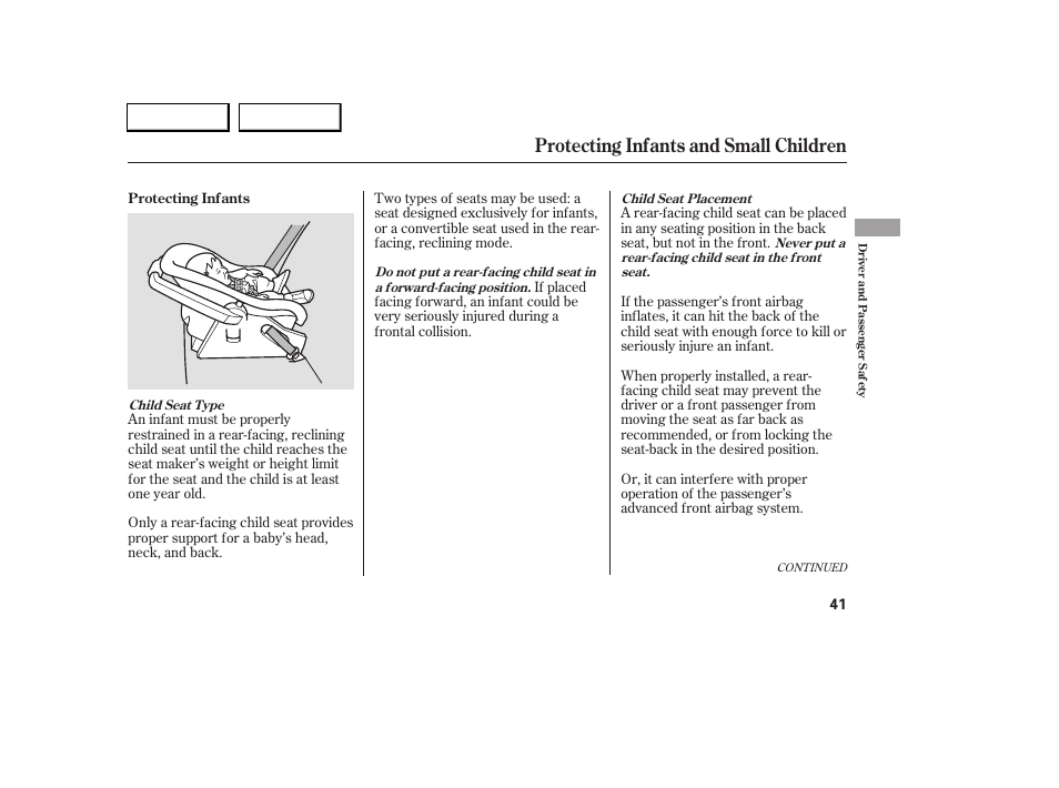 Protecting infants and small children | Acura 2005 RL - Owner's Manual User Manual | Page 42 / 394