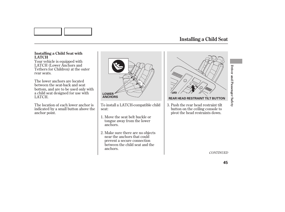 Installing a child seat | Acura 2005 RL - Owner's Manual User Manual | Page 46 / 394