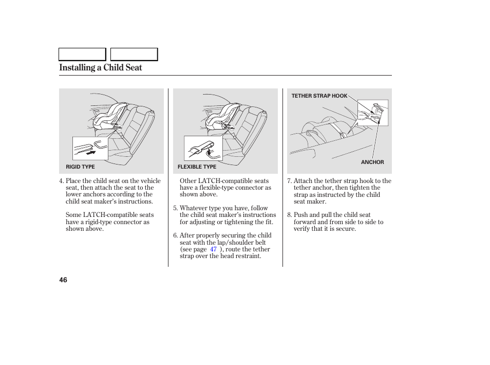 Installing a child seat | Acura 2005 RL - Owner's Manual User Manual | Page 47 / 394