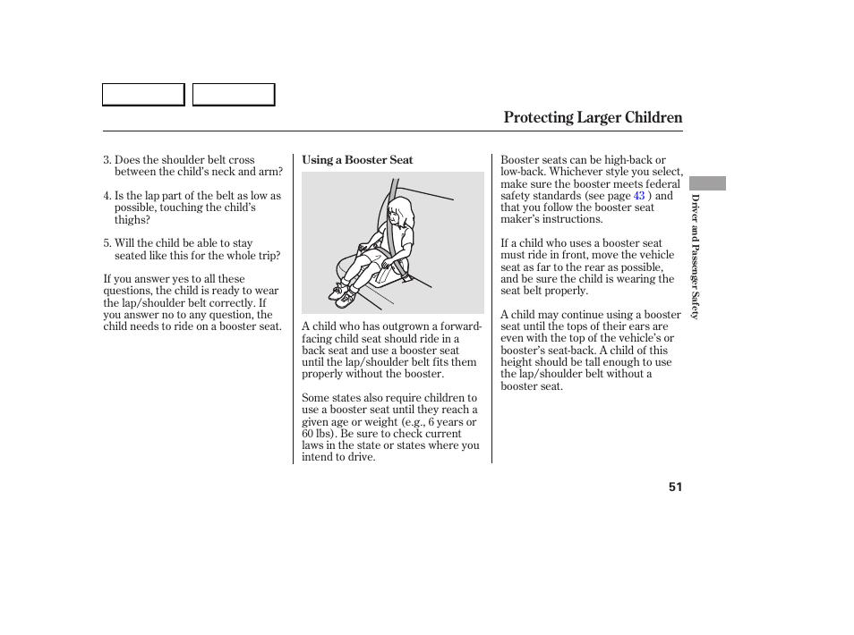 Protecting larger children | Acura 2005 RL - Owner's Manual User Manual | Page 52 / 394