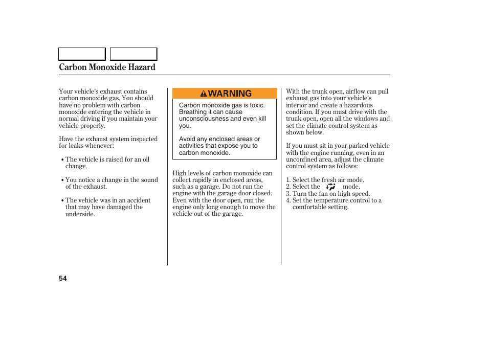 Carbon monoxide hazard | Acura 2005 RL - Owner's Manual User Manual | Page 55 / 394