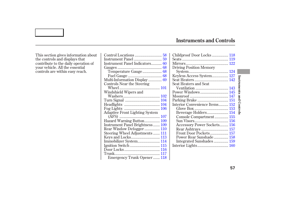 Instruments and controls | Acura 2005 RL - Owner's Manual User Manual | Page 58 / 394