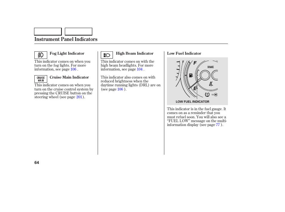 Instrument panel indicators | Acura 2005 RL - Owner's Manual User Manual | Page 65 / 394