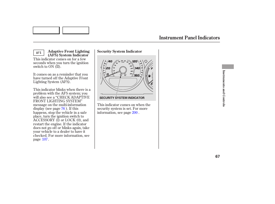 Instrument panel indicators | Acura 2005 RL - Owner's Manual User Manual | Page 68 / 394