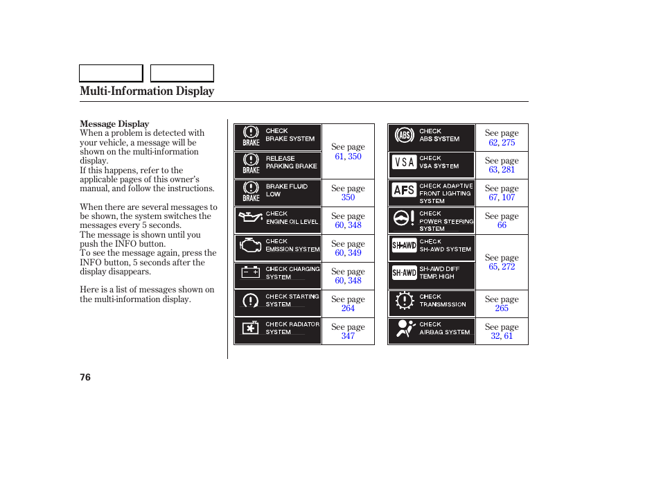 Multi-information display | Acura 2005 RL - Owner's Manual User Manual | Page 77 / 394