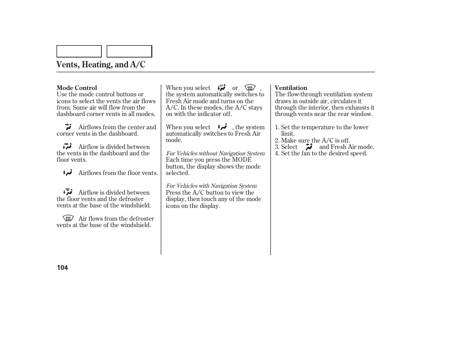 Vents, heating, and a/c | Acura 2005 TSX - Owner's Manual User Manual | Page 105 / 288