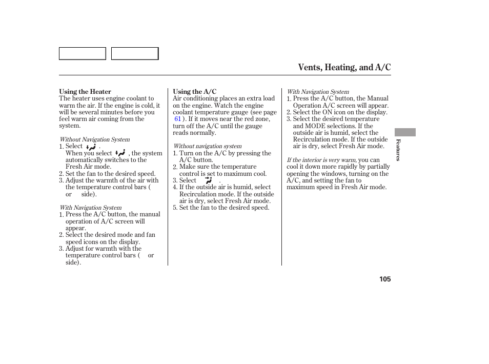 Vents, heating, and a/c | Acura 2005 TSX - Owner's Manual User Manual | Page 106 / 288