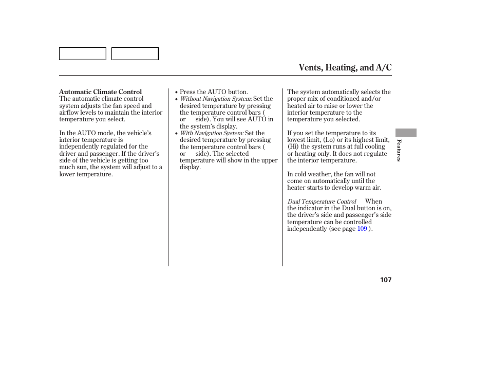 Vents, heating, and a/c | Acura 2005 TSX - Owner's Manual User Manual | Page 108 / 288