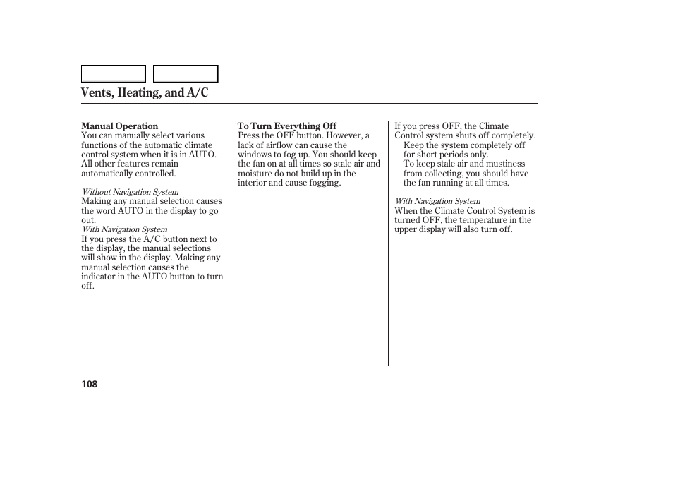 Vents, heating, and a/c | Acura 2005 TSX - Owner's Manual User Manual | Page 109 / 288