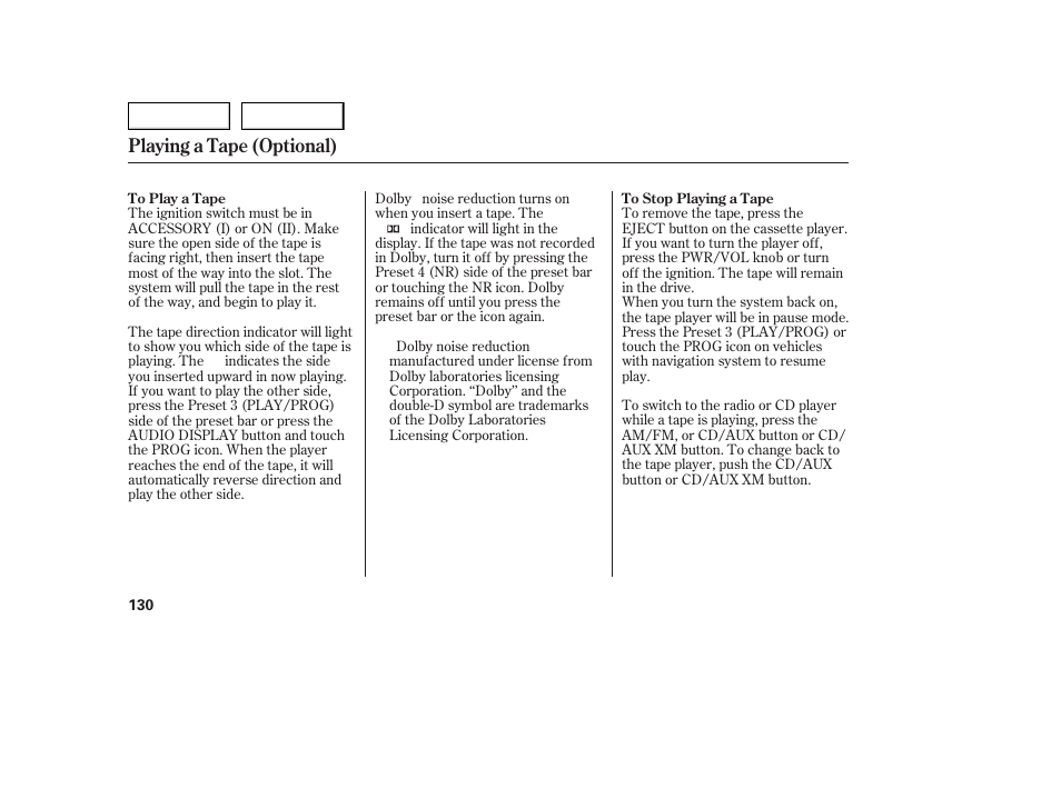Playing a tape (optional) | Acura 2005 TSX - Owner's Manual User Manual | Page 131 / 288