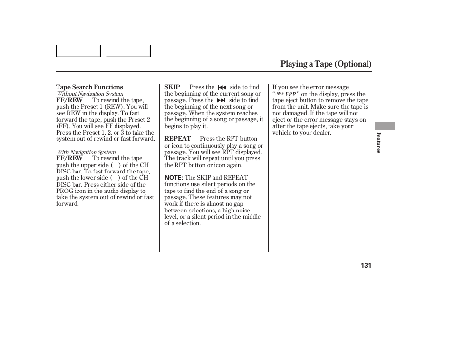 Playing a tape (optional) | Acura 2005 TSX - Owner's Manual User Manual | Page 132 / 288