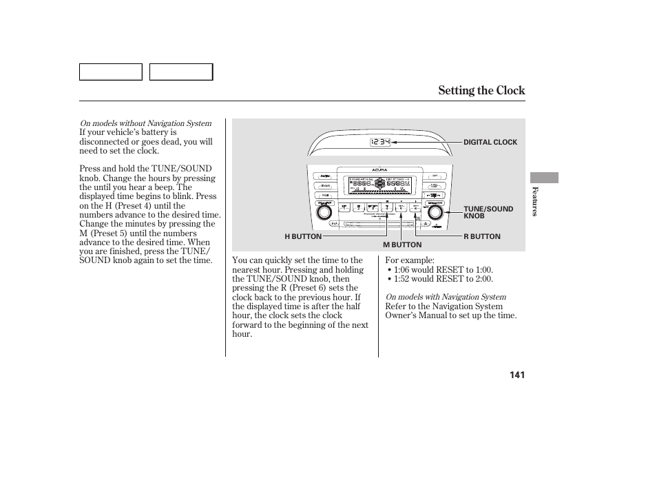 Setting the clock | Acura 2005 TSX - Owner's Manual User Manual | Page 142 / 288
