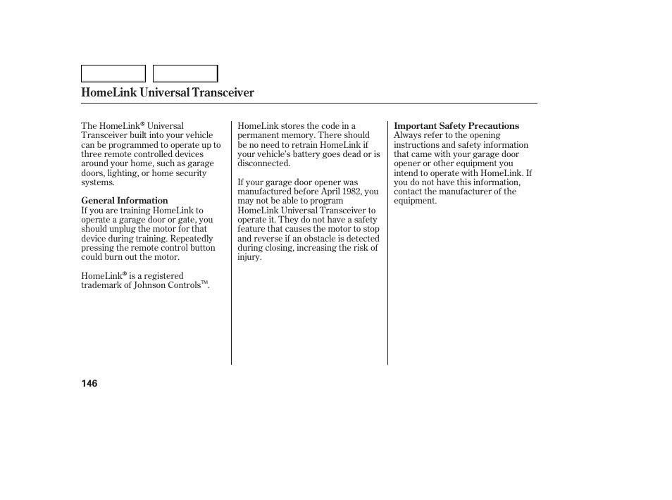 Homelink universal transceiver | Acura 2005 TSX - Owner's Manual User Manual | Page 147 / 288