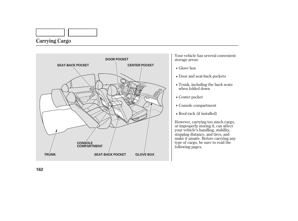 Carrying cargo | Acura 2005 TSX - Owner's Manual User Manual | Page 163 / 288