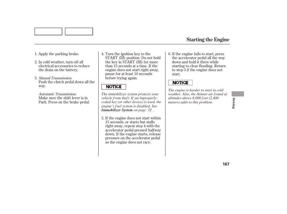 Starting the engine | Acura 2005 TSX - Owner's Manual User Manual | Page 168 / 288