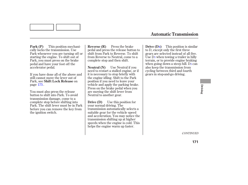 Automatic transmission | Acura 2005 TSX - Owner's Manual User Manual | Page 172 / 288
